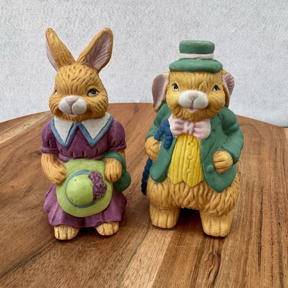 Ceramic Rabbit Couple Figurines Handpainted Top Hat Cane Spring Easter